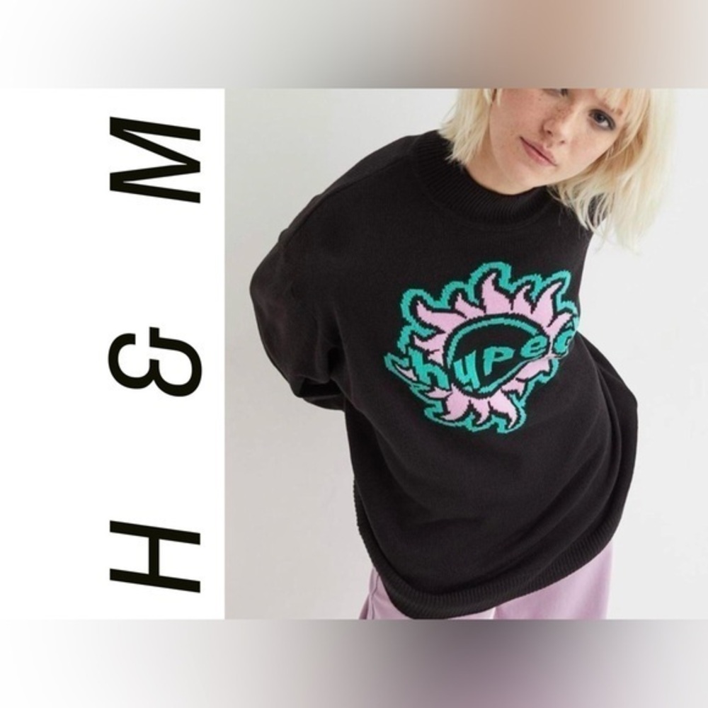 H&M Black Sweater with Green and Pink Graphic